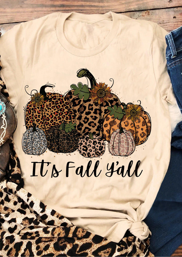 T-shirts Tees It's Fall Y'all Leopard Pumpkin T-Shirt Tee - Beige in Apricot. Size: XL