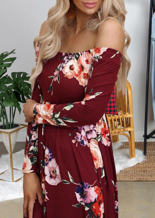 

Maxi Dresses Floral Pocket Ruffled Off Shoulder Maxi Dress in Burgundy. Size: ,M,L