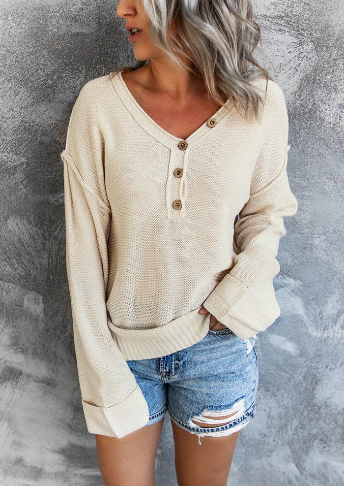 

Sweaters Button Knitted V-Neck Long Sleeve Sweater in Beige. Size