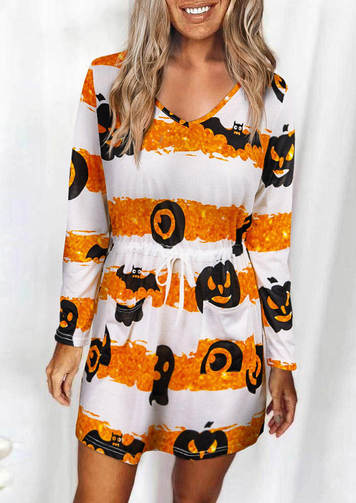 

Mini Dresses Halloween Pumpkin Face Bat Drawstring Mini Dress in Multicolor. Size