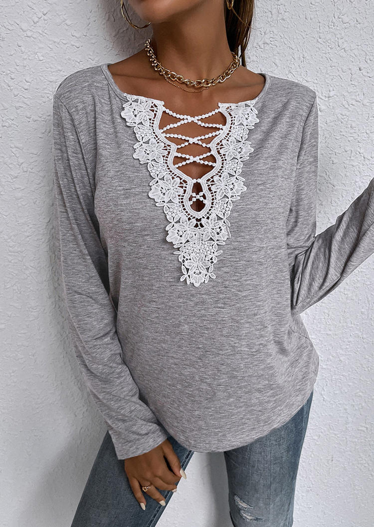 

Blouses Lace Criss-Cross Long Sleeve Blouse in Gray. Size