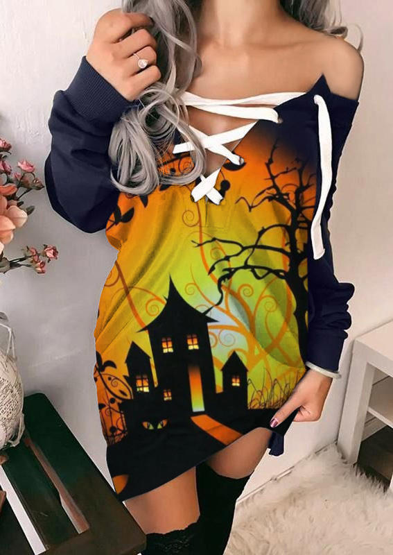 

Mini Dresses Halloween Lace Up Long Sleeve Mini Dress in Multicolor. Size: ,M,L,XL