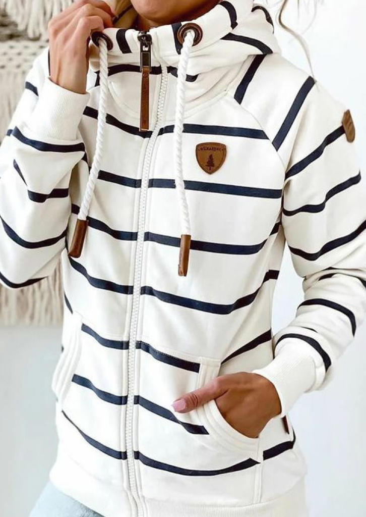 Striped Pocket Long Sleeve Hoodie - White