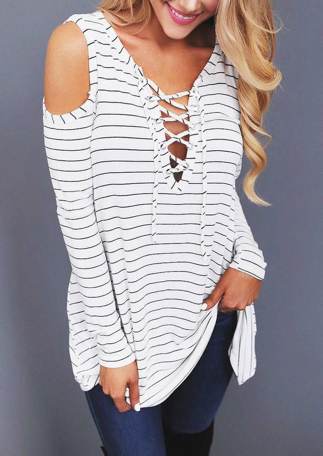 Blouses Striped Lace Up Cold Shoulder Long Sleeve Blouse in Multicolor. Size: L,M,S,XL