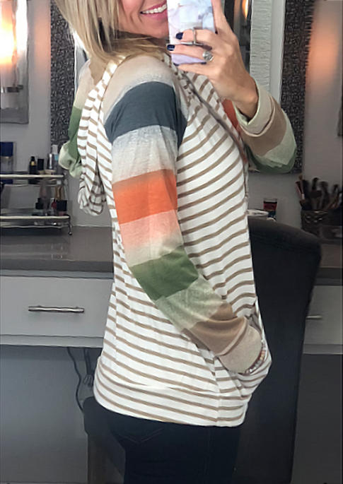 

Hoodies Color Block Striped Drawstring Kangaroo Pocket Pullover Hoodie in Multicolor. Size: L,M