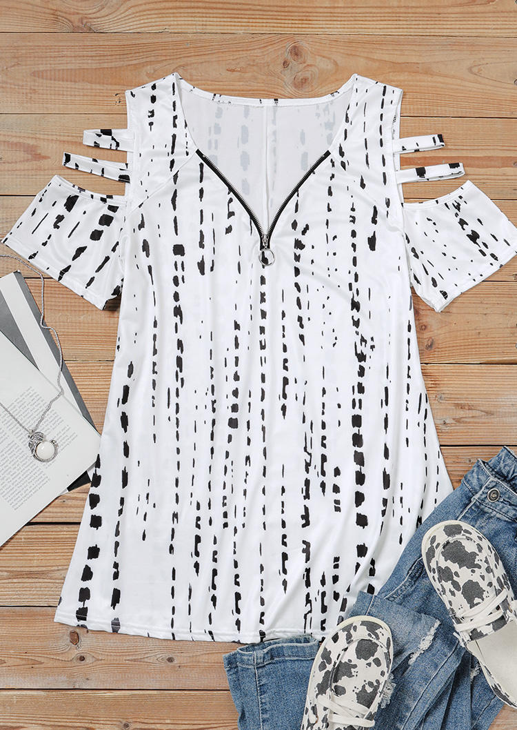 

Blouses Tie Dye Cold Shoulder Zipper Collar Blouse in White. Size
