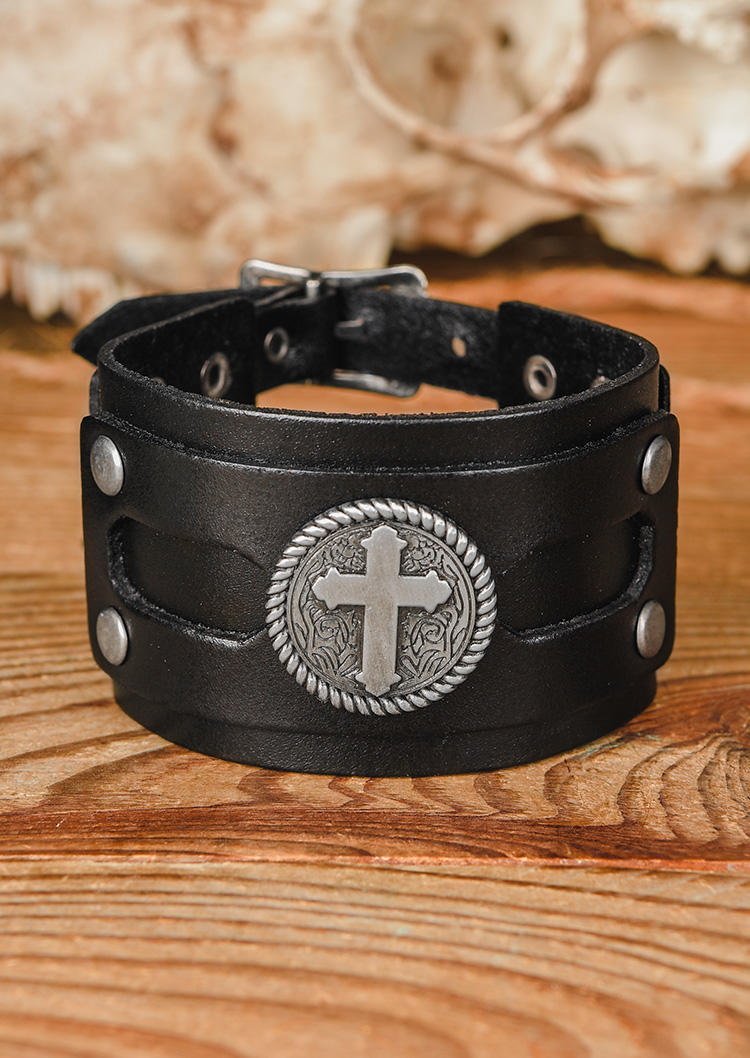 

Bracelet Cross Rivet Buckle Leather Bracelet in Black,Brown. Size