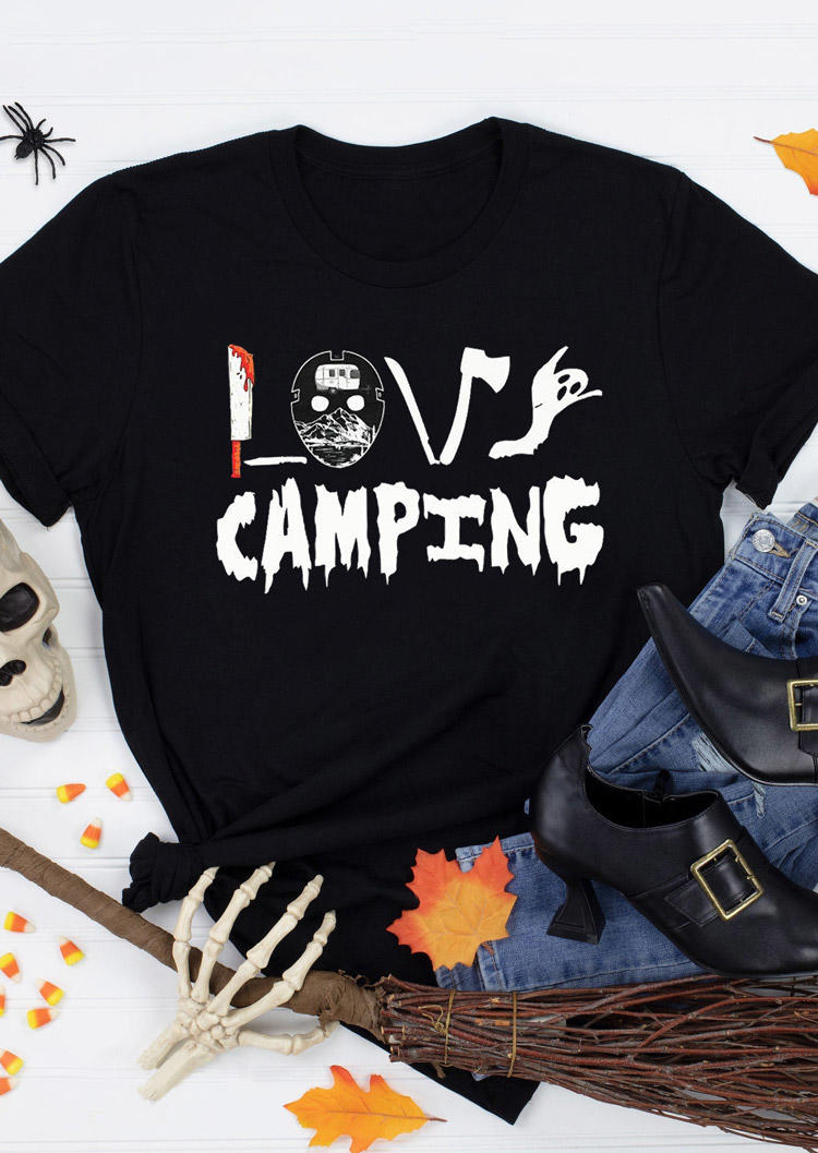 

T-shirts Tees Halloween Ghost Love Camping O-Neck T-Shirt Tee in Black. Size