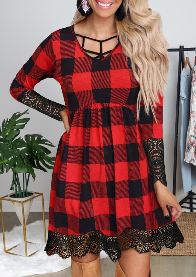 Lace Plaid Splicing Long�0�2Sleeve Mini Dress