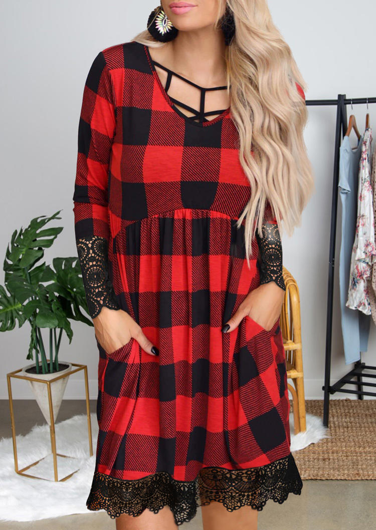 

Mini Dresses Lace Plaid Splicing Long Sleeve Mini Dress in Multicolor. Size: L,M