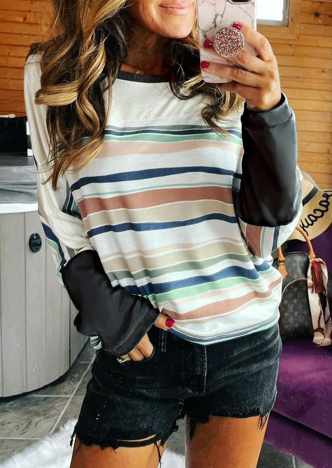 

Blouses Striped Splicing Long Sleeve Blouse in Multicolor. Size: L,M