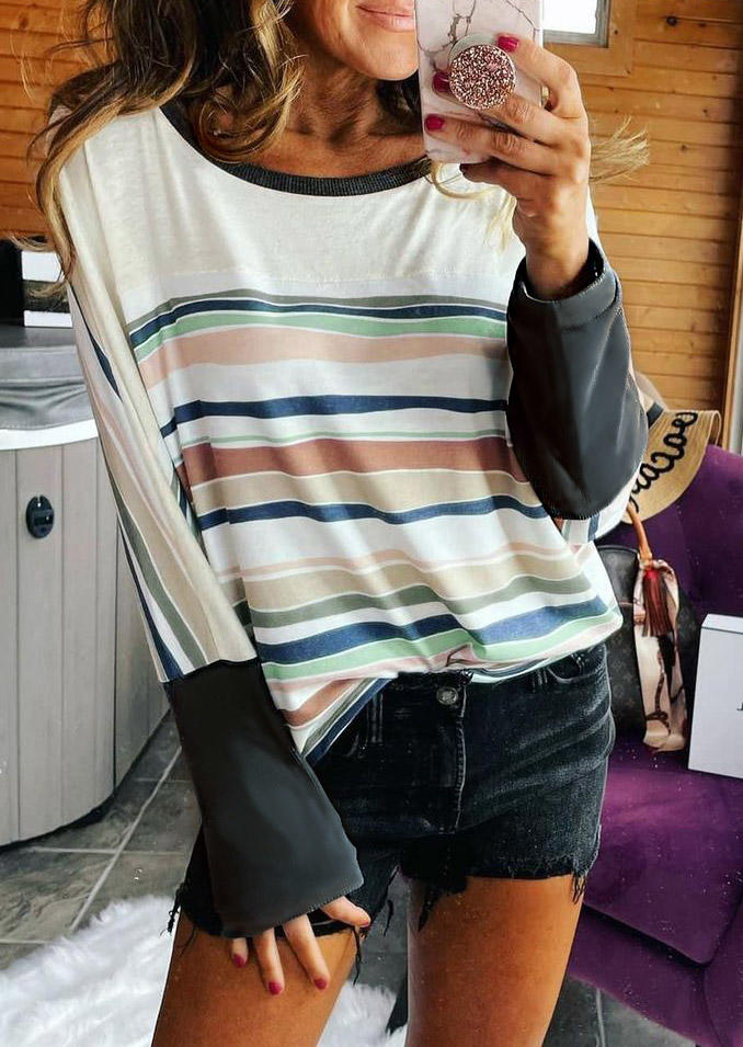 Striped Splicing Long Sleeve Blouse