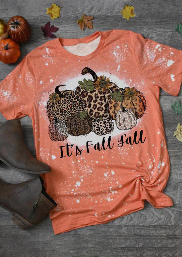 It's Fall Y'all Leopard Pumpkin T-Shirt Tee - Orange