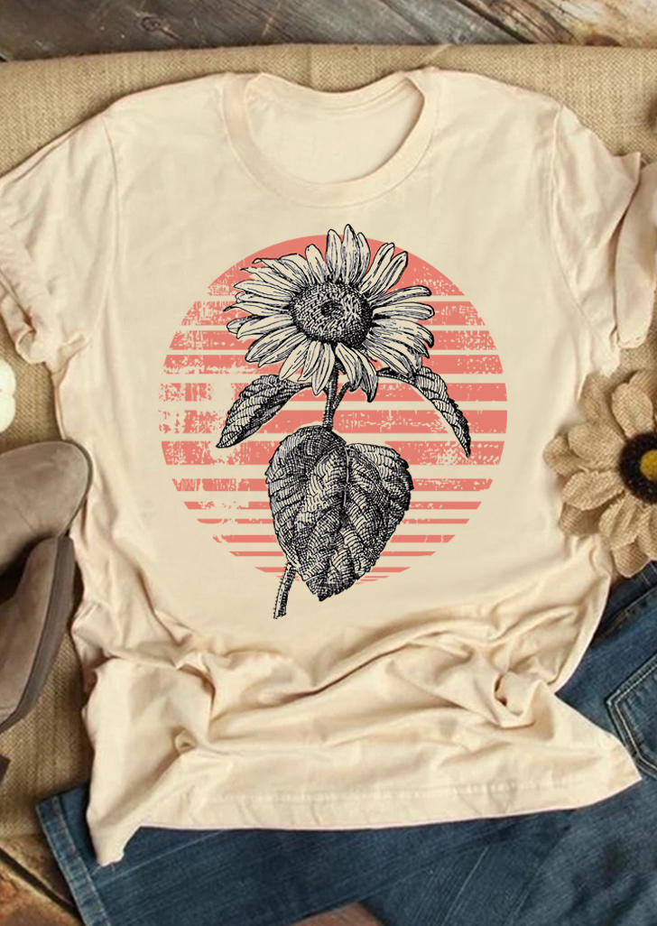 T-shirts Tees Sunflower Leaf Causal T-Shirt Tee in Apricot. Size: S,M,L,XL