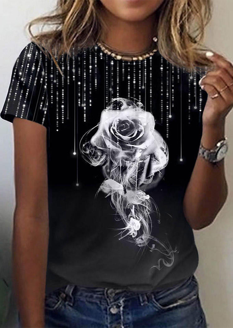 

Blouses Rose Glitter Short Sleeve O-Neck Blouse in Black. Size