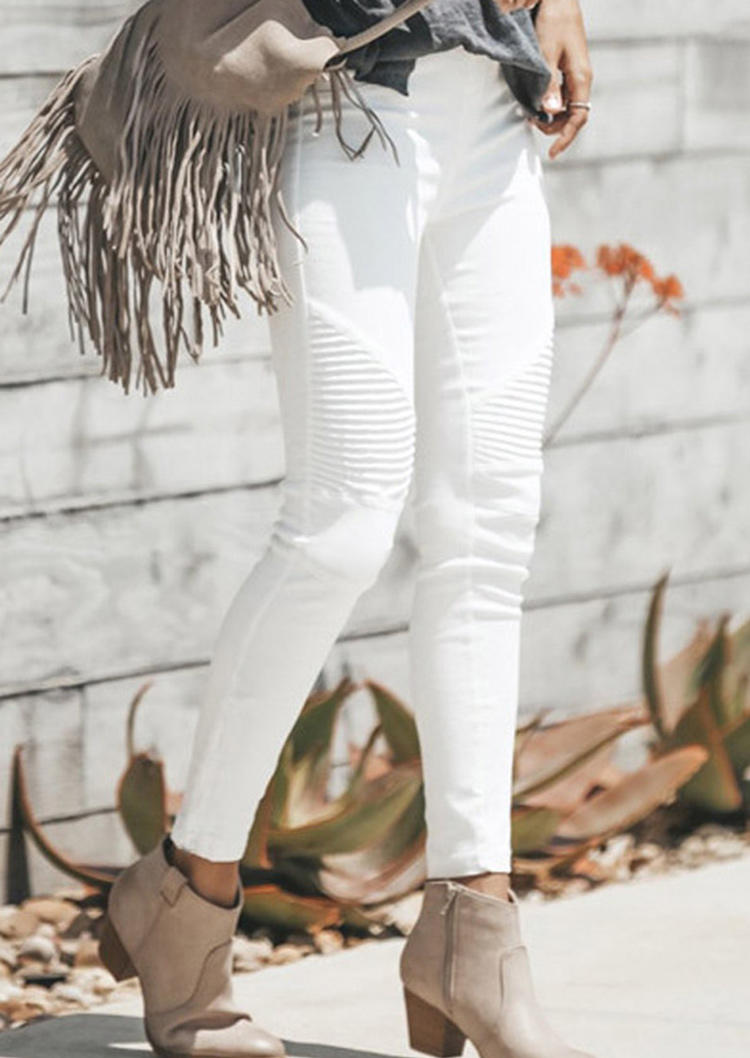 

Pants Ruched Elastic Waist Denim Jeans in White. Size: ,M,L,XL