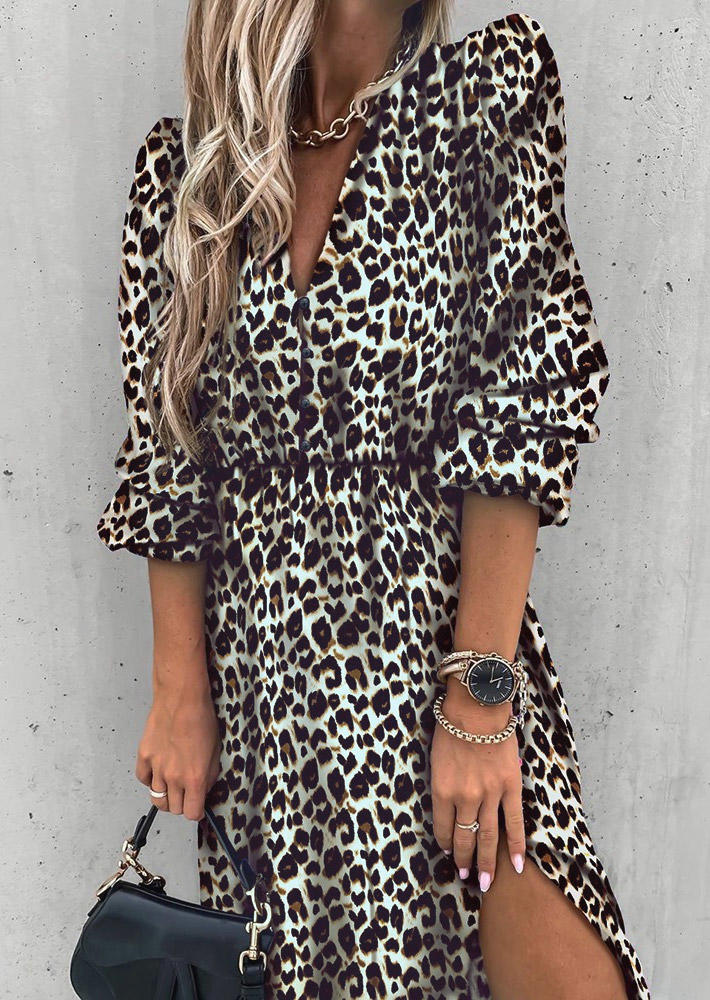 

Midi Dresses Leopard Slit Button V-Neck Midi Dress in Multi. Size