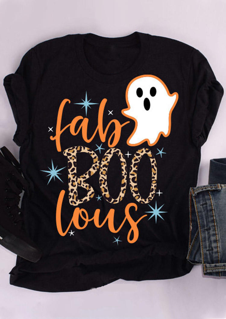 Halloween Fab Boo Lous Leopard Ghost T-Shirt Tee - Black