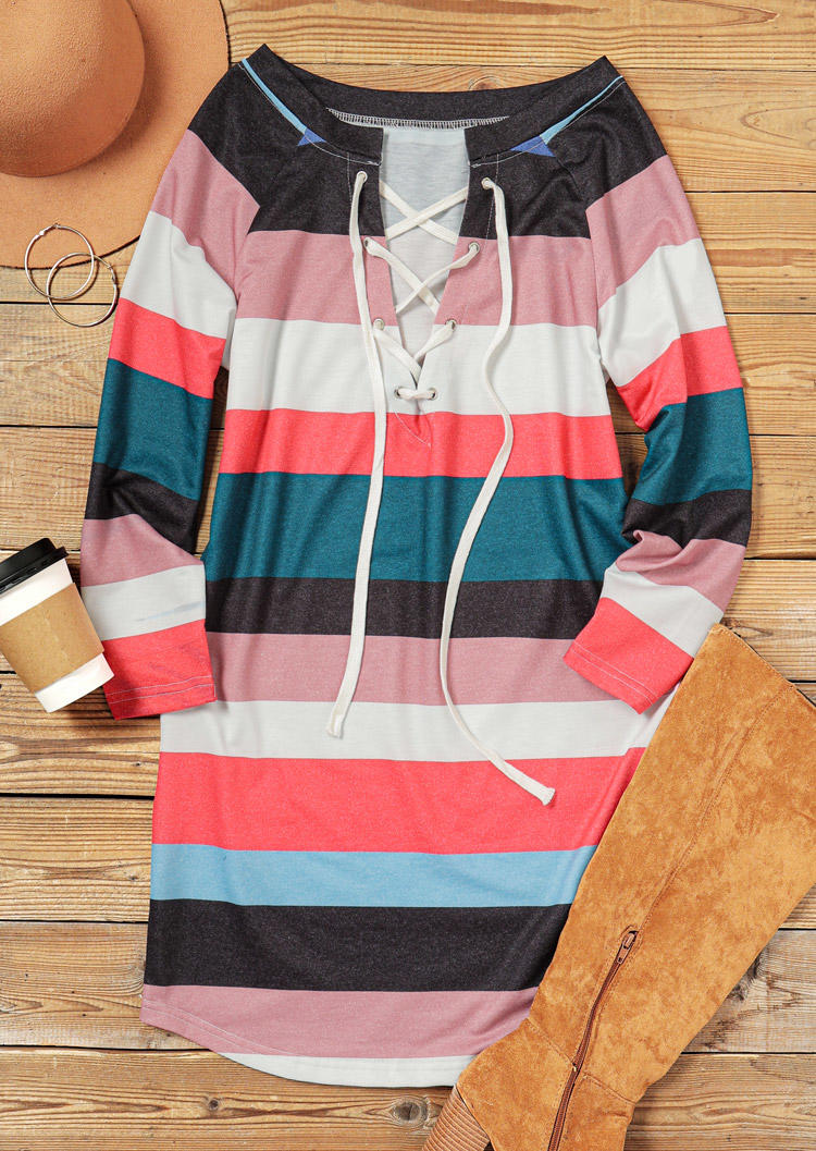 Striped Color Block Lace Up Mini Dress