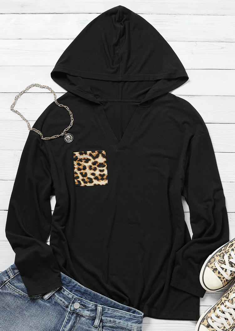 Blouses Leopard Pocket V-Neck Long Sleeve Hooded Blouse in Black. Size: L,M,S,XL