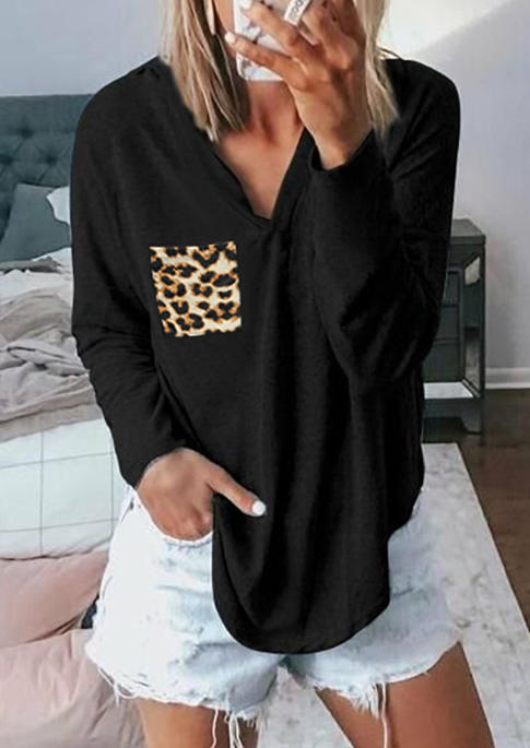 Leopard Pocket V-Neck Long Sleeve Hooded Blouse - Black