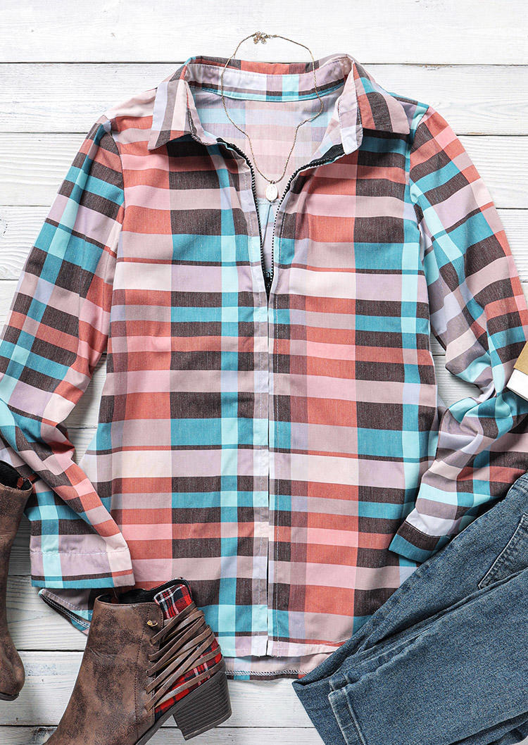 

Shirts Plaid Zipper Long Sleeve Shirt in Multicolor. Size