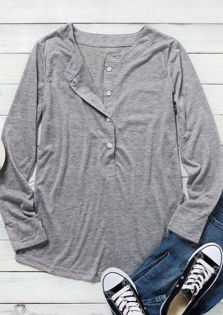 Blouses Button V-Neck Long Sleeve Blouse in Gray. Size: S