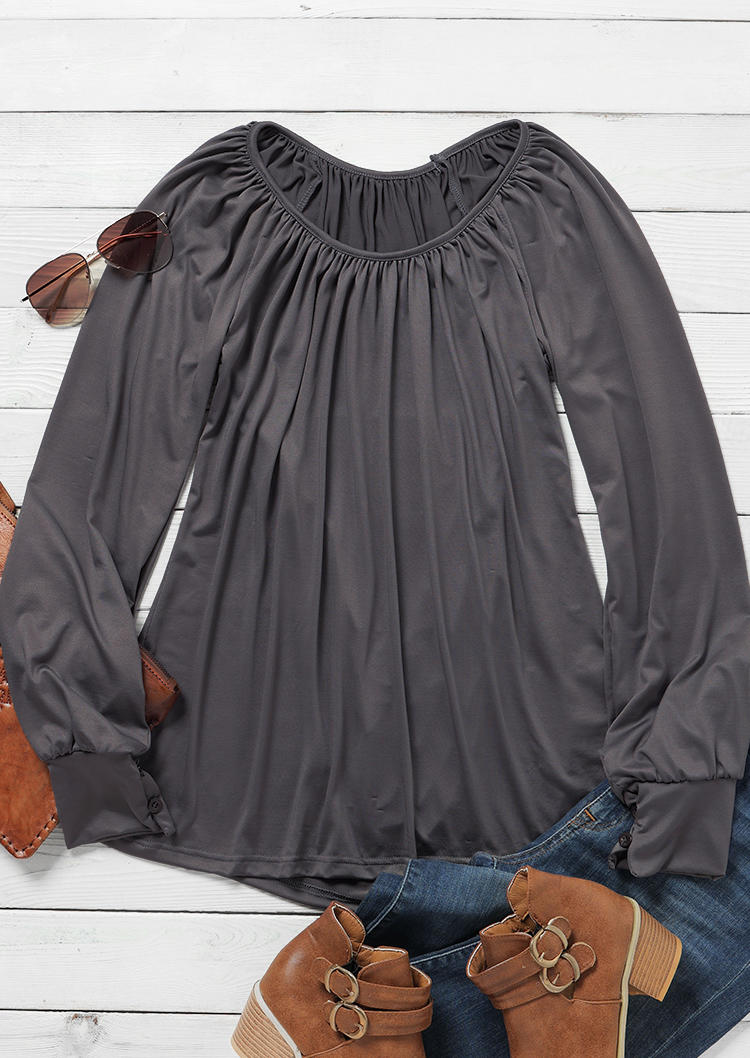 Blouses Ruffled O-Neck Long Sleeve Blouse in Dark Grey. Size: M