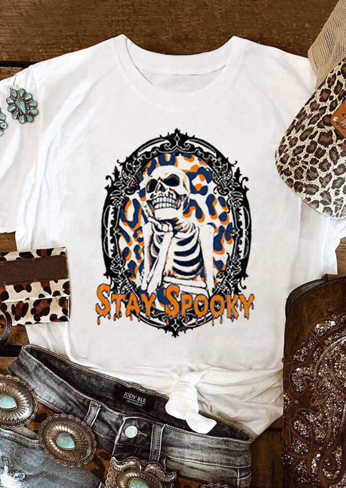 

T-shirts Tees Halloween Stay Spooky Skull Leopard T-Shirt Tee in White. Size