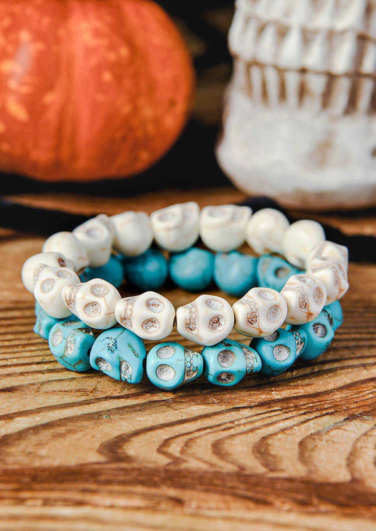 

Bracelet 2Pcs Halloween Synthetic Turquoise Skull Bracelet Set in Multicolor. Size