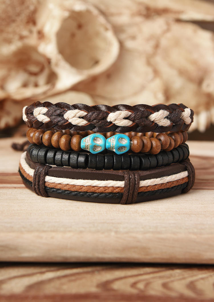 

Bracelet 4Pcs Halloween Skull Turquoise Leather Bracelet Set in Multicolor. Size