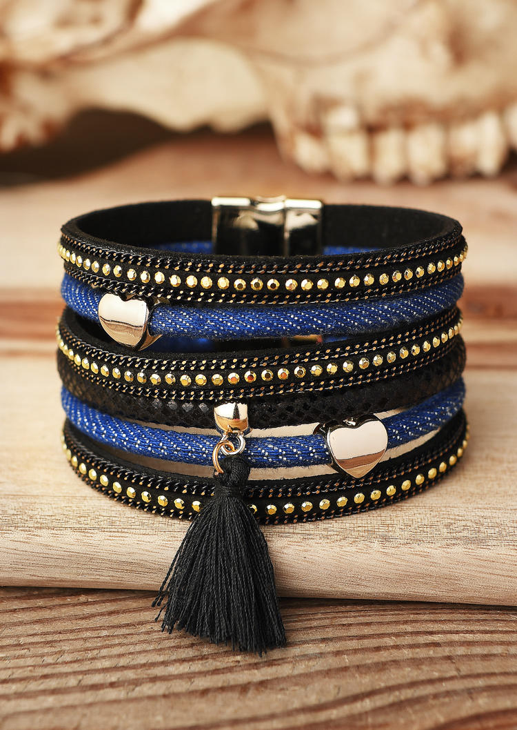 

Bracelet Bohemian Tassel Multi-Layered Magnetic Buckle Bracelet in Black. Size