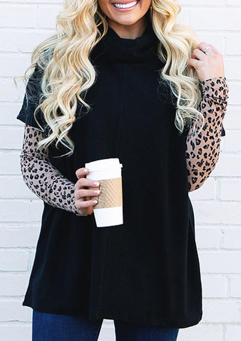 

Blouses Cowl Neck T-Shirt Tee + Leopard Long Sleeve Blouse Set in Black. Size: ,M,L,XL