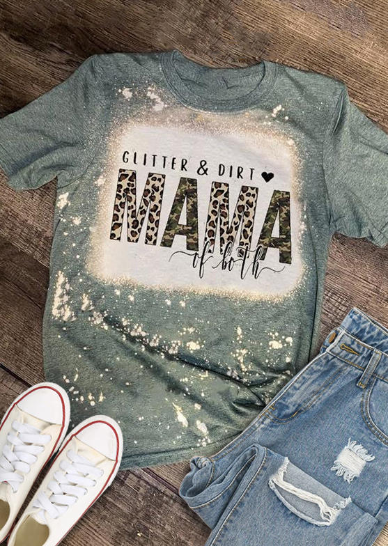 Glitter & Dirt Mama Of Both Leopard Bleached T-Shirt Tee - Light Green