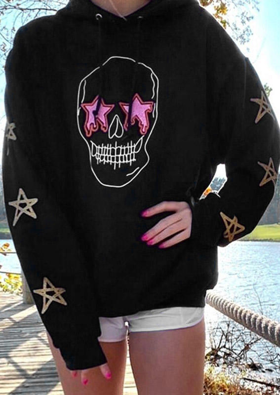 

Hoodies Halloween Skull Star Long Sleeve Pullover Hoodie in Black. Size: ,M,L,XL