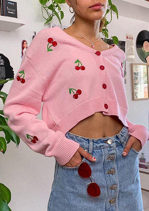 

Cardigans Cherry Button Knitted Long Sleeve Crop Cardigan in Pink. Size: ,M,L