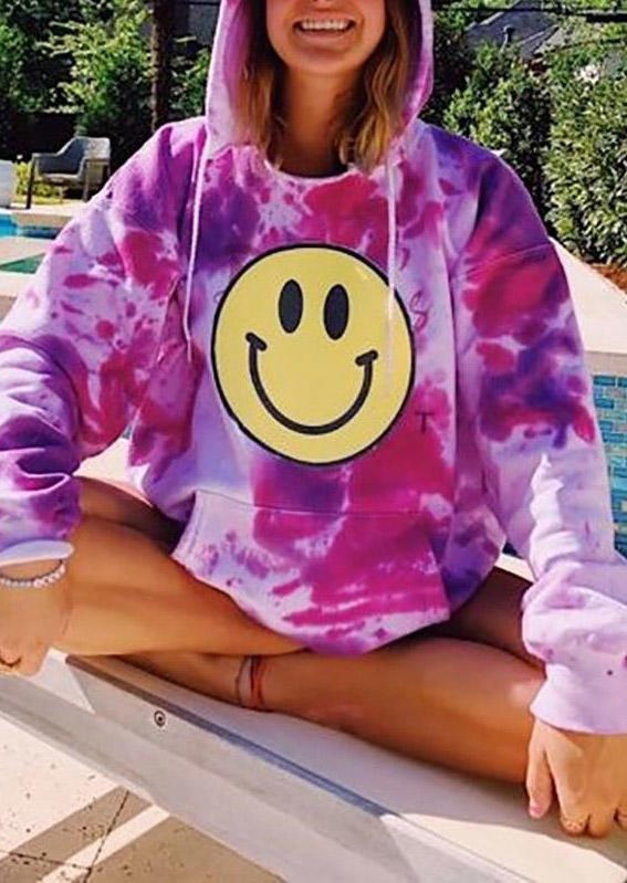 

Hoodies Tie Dye Smiley Happy Face Kangaroo Pocket Pullover Hoodie in Pink. Size: ,L,XL