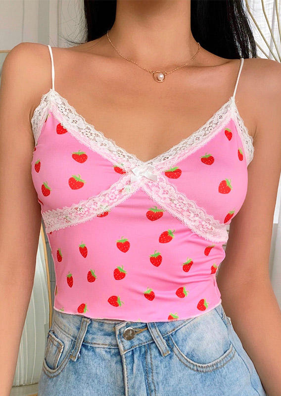 

Crop Tops Lace Strawberry Bowknot Spaghetti Strap Crop Top in Pink. Size: ,M,L