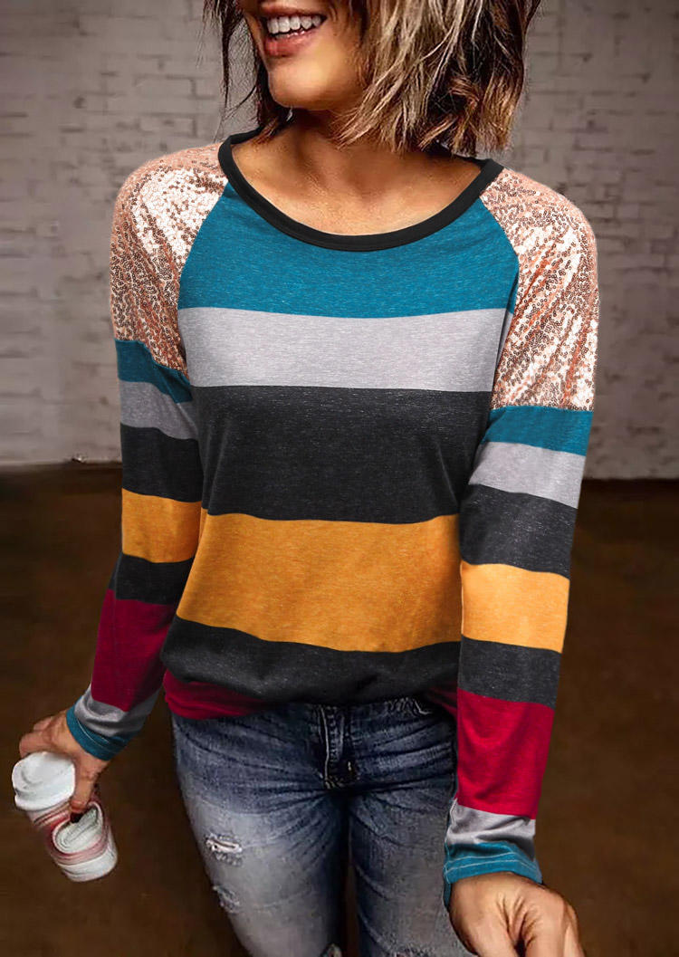 Blouses Striped Sequined Splicing Color Block Blouse in Multicolor. Size: L,M,S,XL