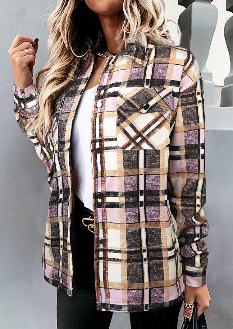 

Coats Plaid Button Pocket Turn-down Collar Coat in Multicolor. Size