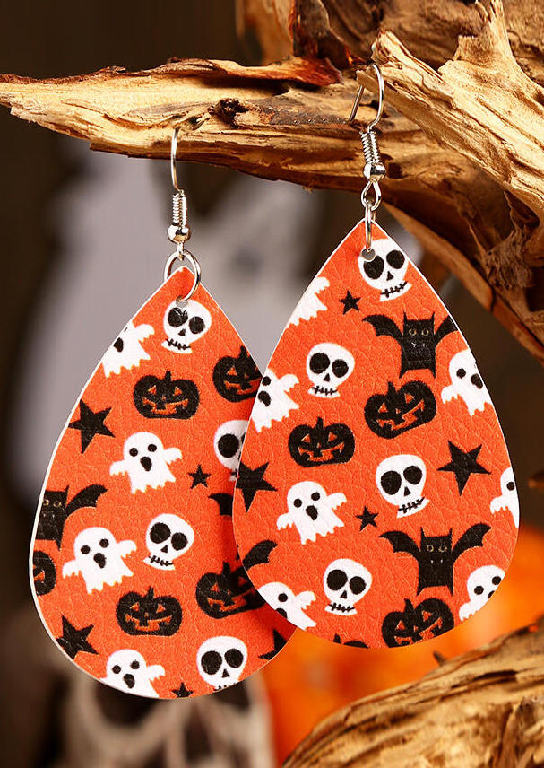 Earrings Halloween Pumpkin Skull Star Water Drop Leather Earrings in Multicolor. Size: One Size