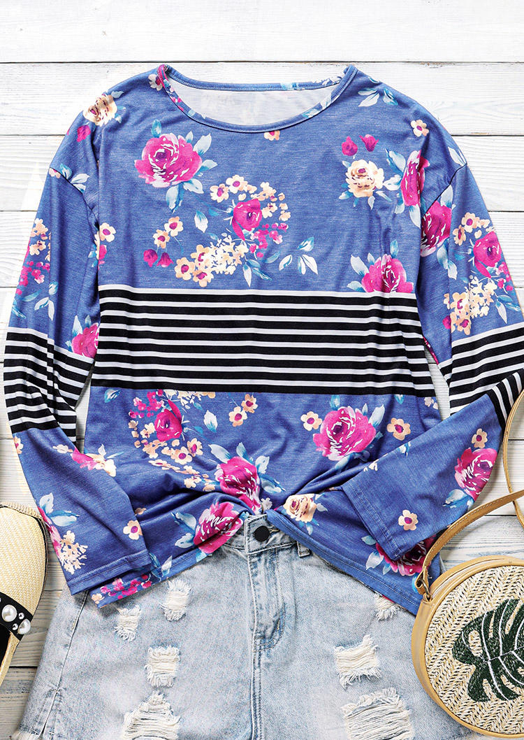 Blouses Floral Striped Splicing Long Sleeve O-Neck Blouse in Multicolor. Size: L,M,S,XL