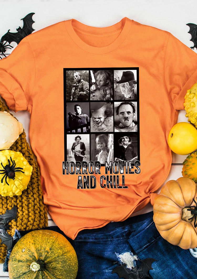 T-shirts Tees Horror Movies And Chill T-Shirt Tee in Orange. Size: L,M,S,XL