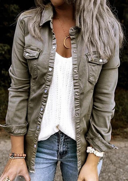 Snap Button Pocket Ruffled Long Sleeve Jacket - Green