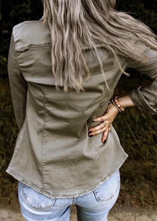 

Jackets Snap Button Pocket Ruffled Long Sleeve Jacket in Green. Size