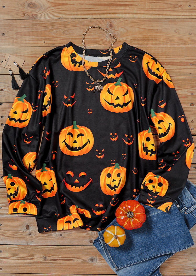 

Blouses Halloween Pumpkin Face Long Sleeve Blouse in Black. Size