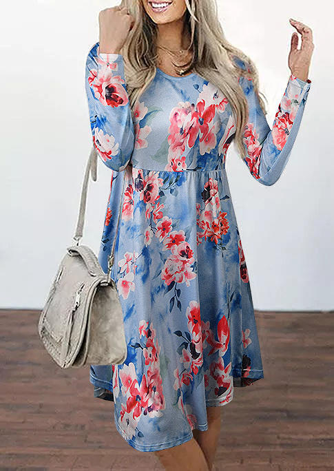 Mini Dresses Floral O-Neck Long Sleeve Mini Dress - Light Blue in Blue. Size: L,M,S,XL