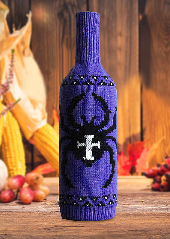 

Halloween Skull Pumpkin Face Spider Wine Bottle Cover in Purple. Size