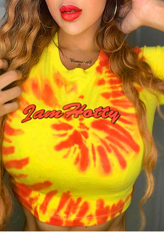 

Crop Tops I Am Hotty Tie Dye Crop Top in Yellow. Size: ,M,L,XL