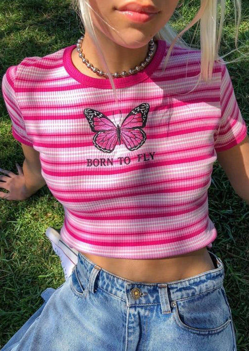 

Crop Tops Born To Fly Butterfly Striped Crop Top in Pink. Size: ,M,L,XL